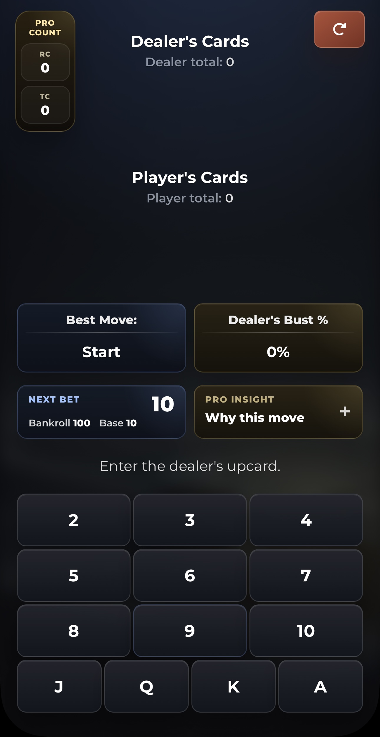 CardCaptain screenshot showing the dealer upcard input